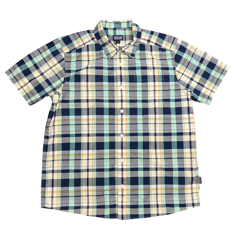 Patagonia Fezzman Shirt Men's Large Plaid SS Organic Cotton Button-Up Blue 53963